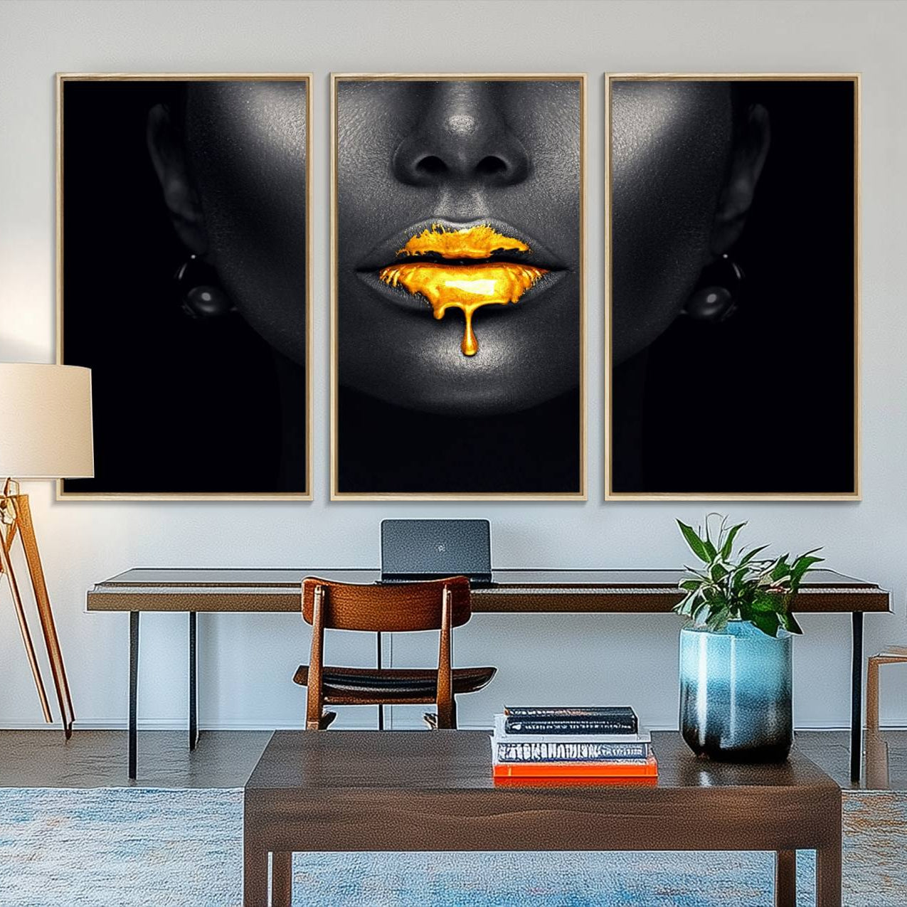 66374-MGV-FC-48X32-3P_Natural-Honey Gold Lips and Black Woman Photograph Canvas, Black Woman with Gold Lips Canvas Print