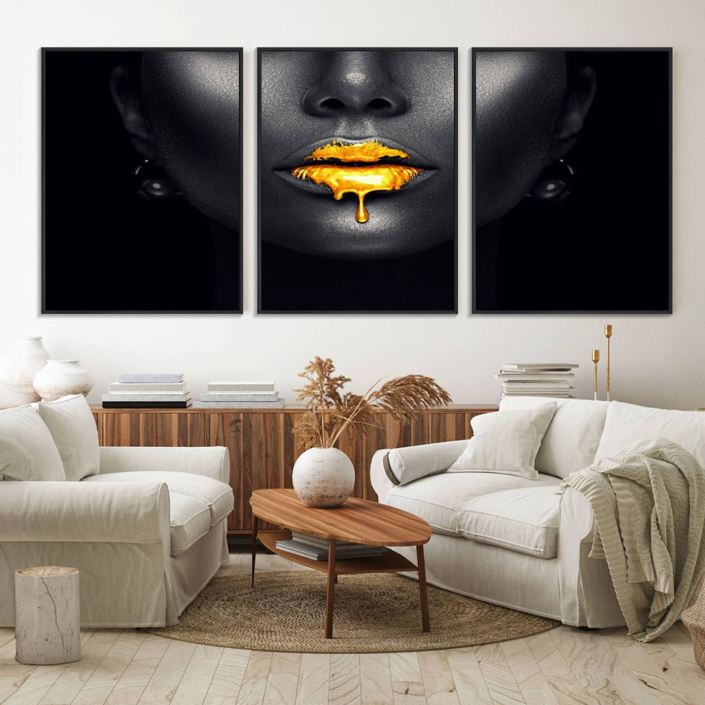 66374-MGV-FC-60X30-3P_Black-Honey Gold Lips and Black Woman Photograph Canvas, Black Woman with Gold Lips Canvas Print