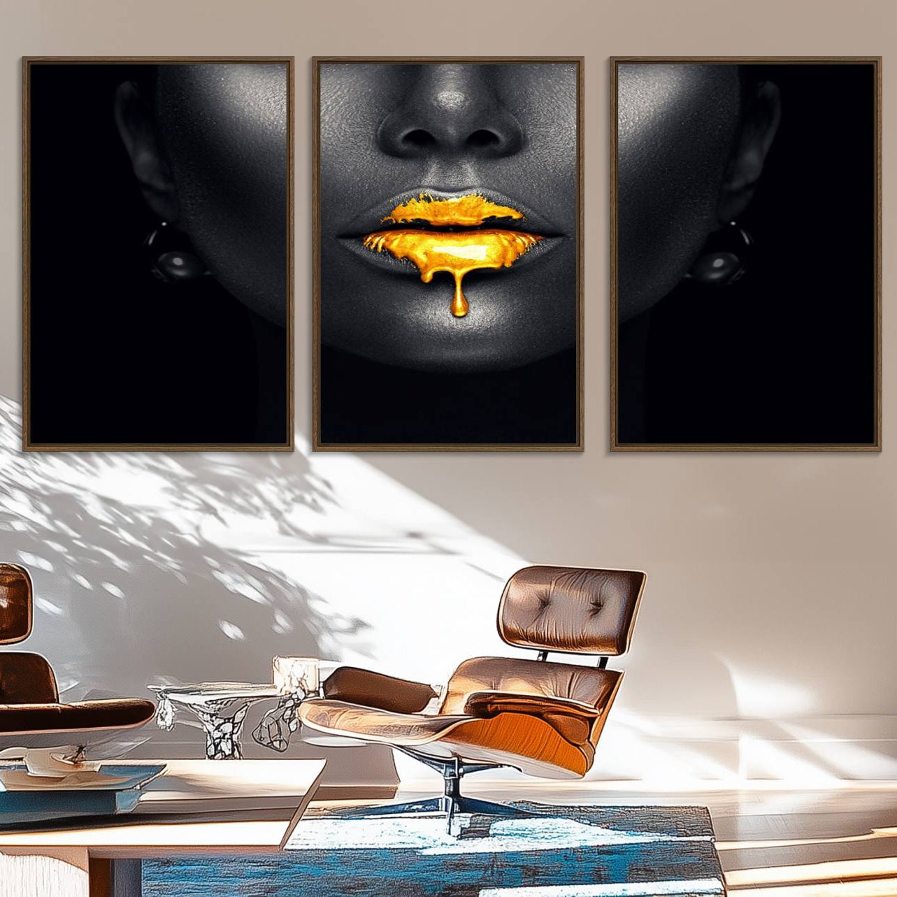 66374-MGV-FC-60X30-3P_Walnut-Honey Gold Lips and Black Woman Photograph Canvas, Black Woman with Gold Lips Canvas Print
