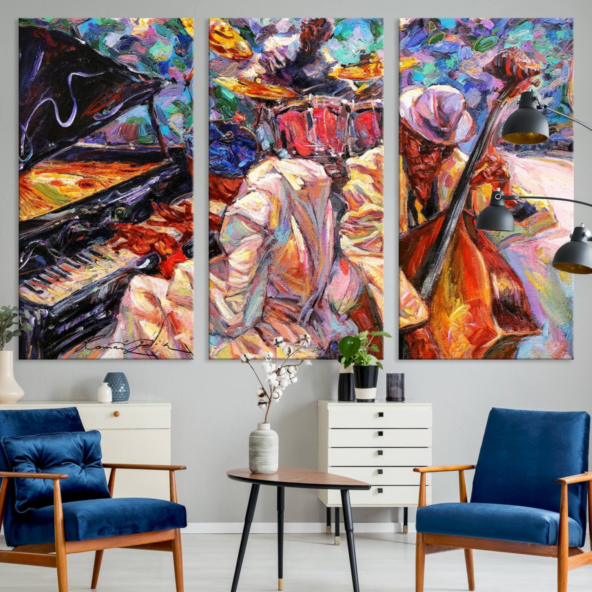 38412-MGV-CV-36X24-Jazz Trio Art Canvas Print - Colorful Abstract Musician Triptych - Vibrant Artistic Decor for Living