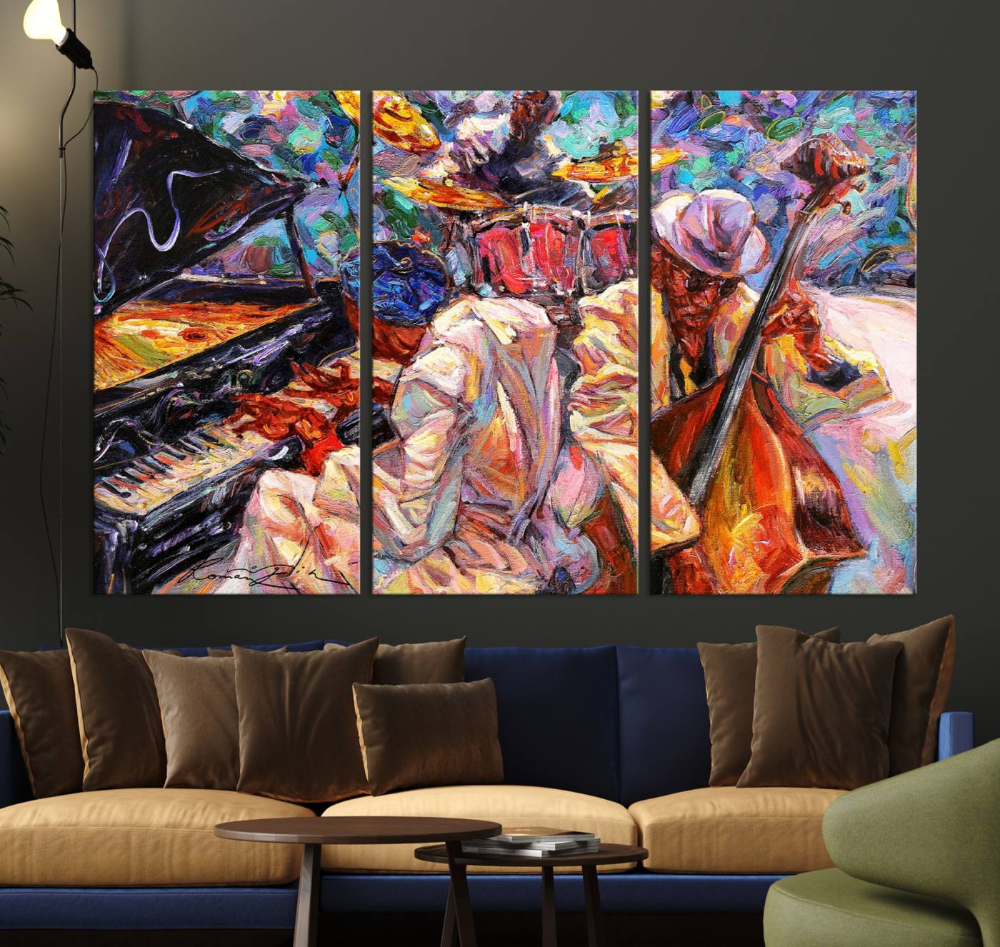 38412-MGV-CV-36X24-Jazz Trio Art Canvas Print - Colorful Abstract Musician Triptych - Vibrant Artistic Decor for Living