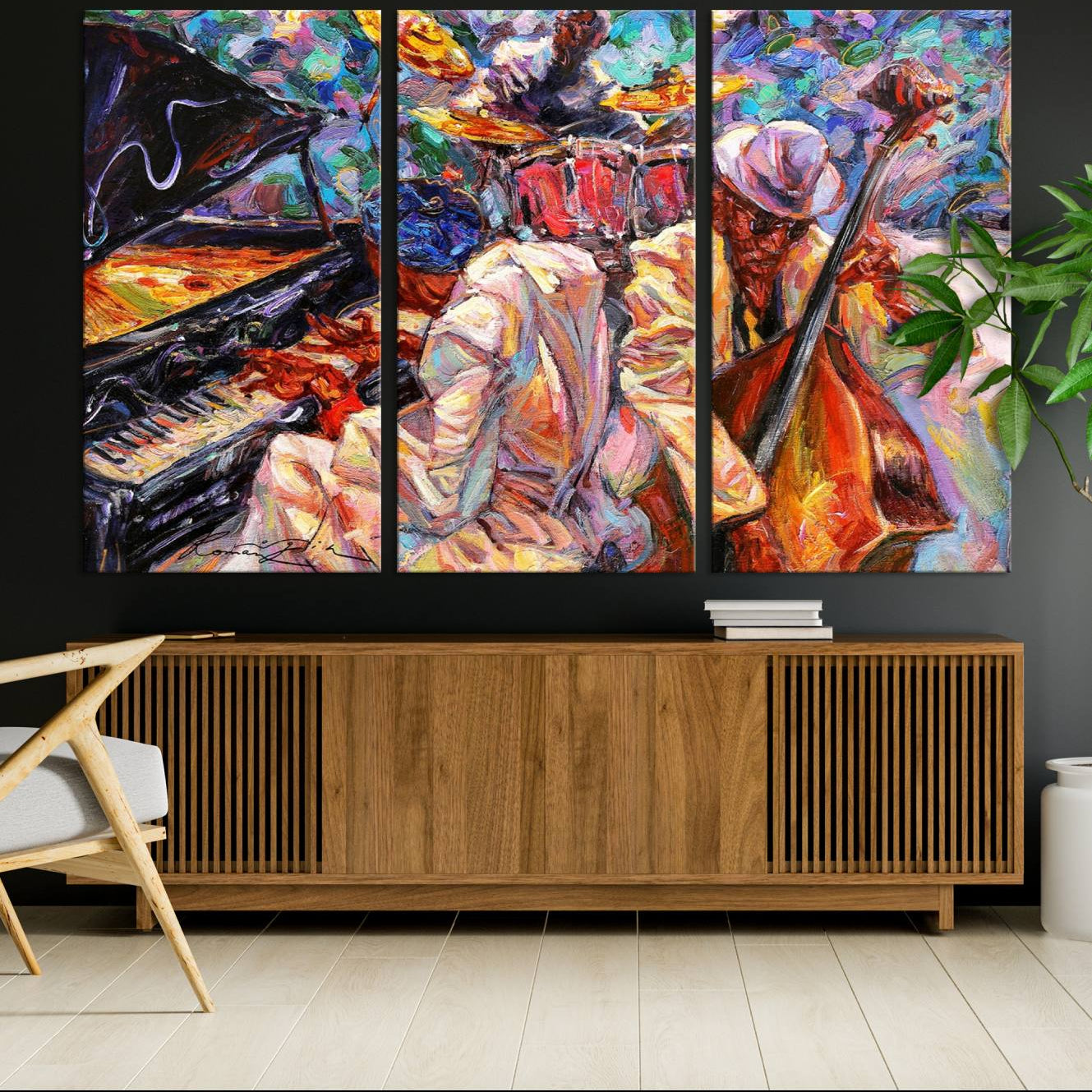 38412-MGV-CV-36X24-Jazz Trio Art Canvas Print - Colorful Abstract Musician Triptych - Vibrant Artistic Decor for Living