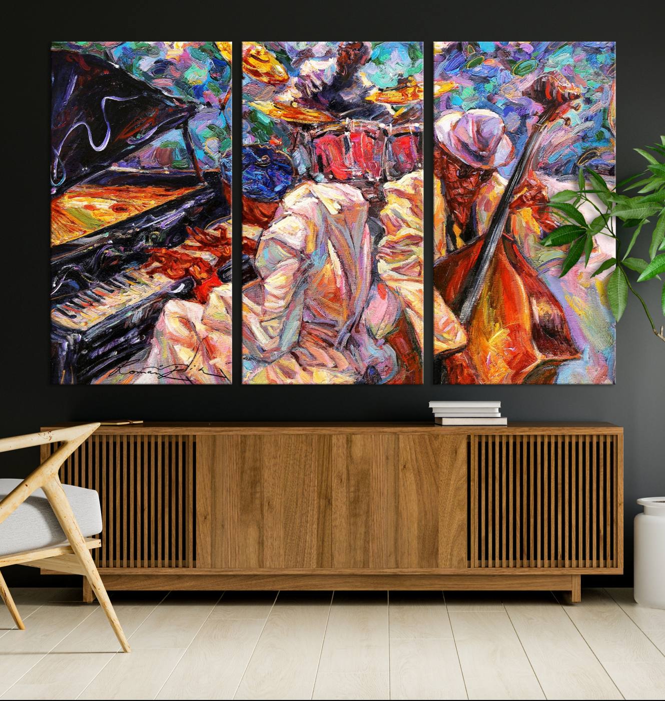 38412-MGV-CV-36X24-Jazz Trio Art Canvas Print - Colorful Abstract Musician Triptych - Vibrant Artistic Decor for Living
