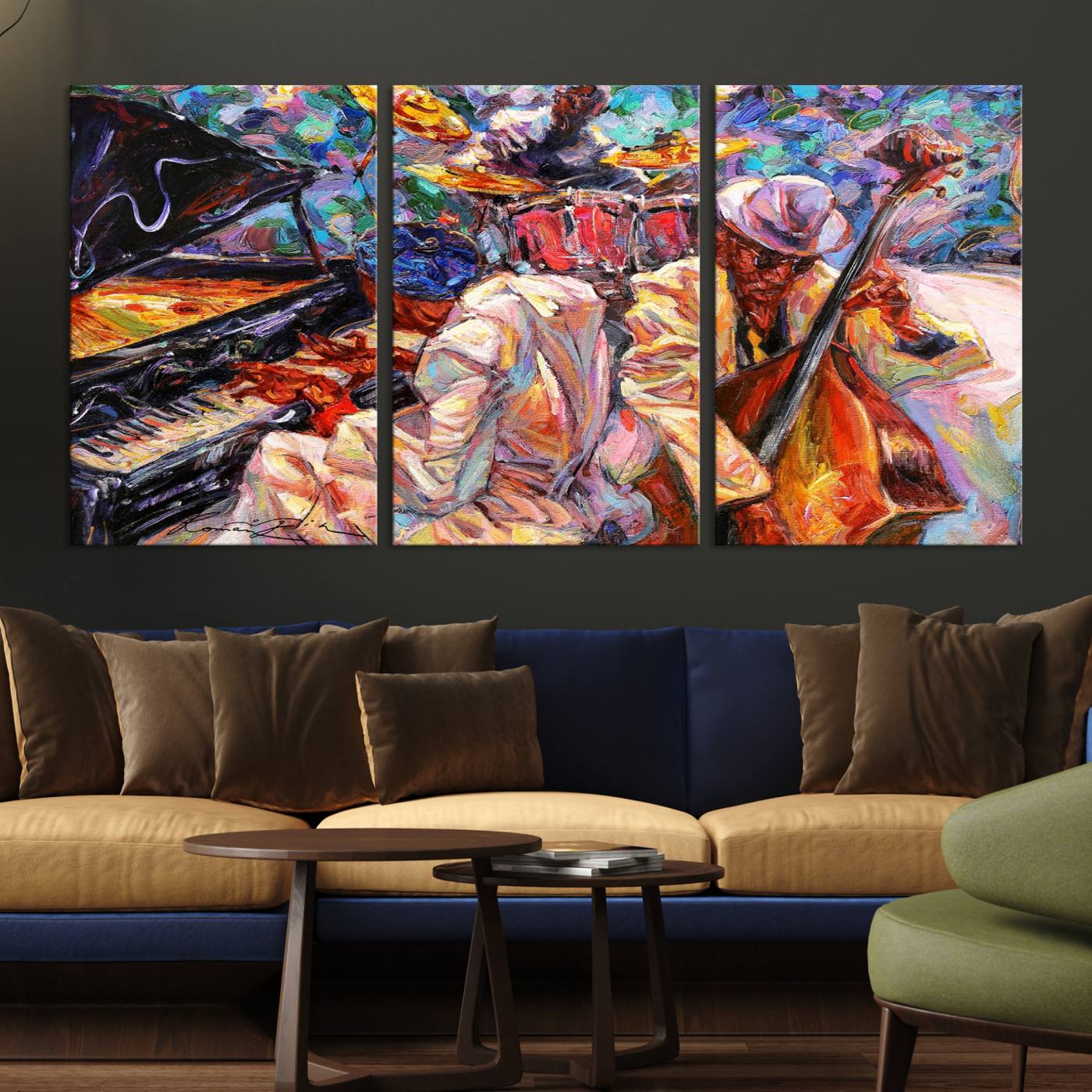 38412-MGV-CV-36X24-Jazz Trio Art Canvas Print - Colorful Abstract Musician Triptych - Vibrant Artistic Decor for Living