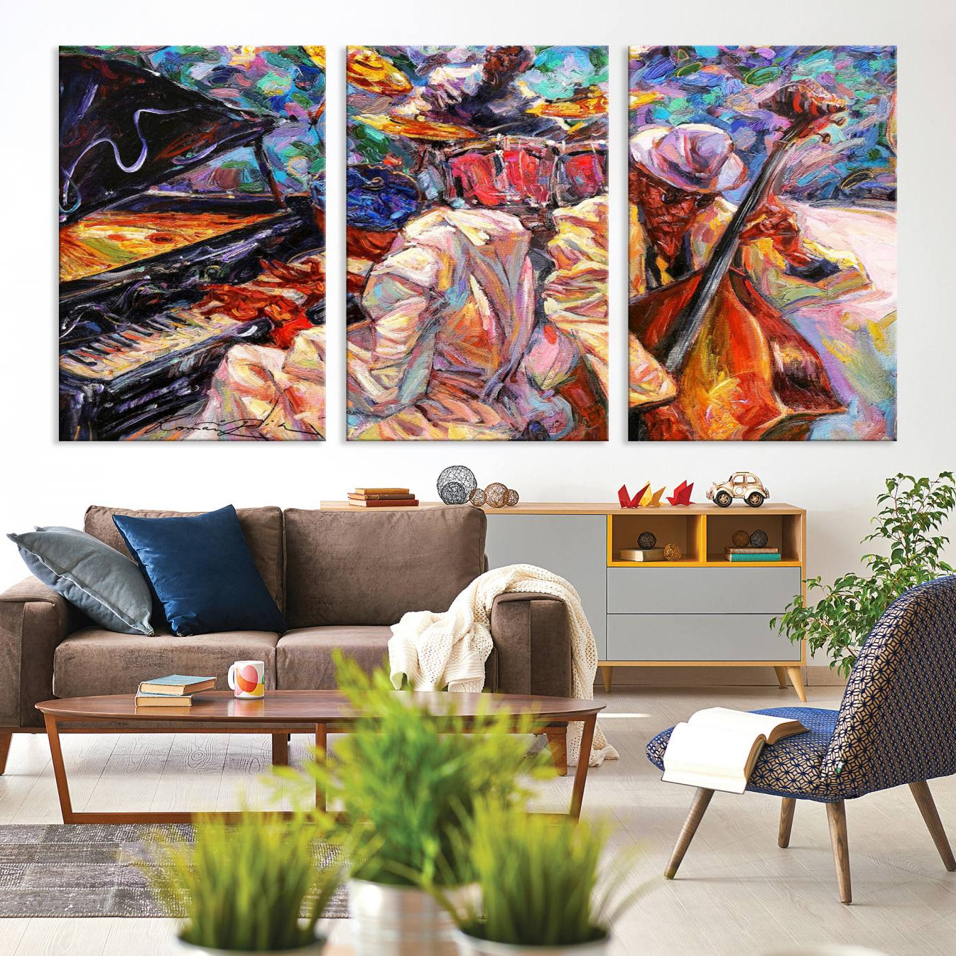 38412-MGV-CV-36X24-Jazz Trio Art Canvas Print - Colorful Abstract Musician Triptych - Vibrant Artistic Decor for Living