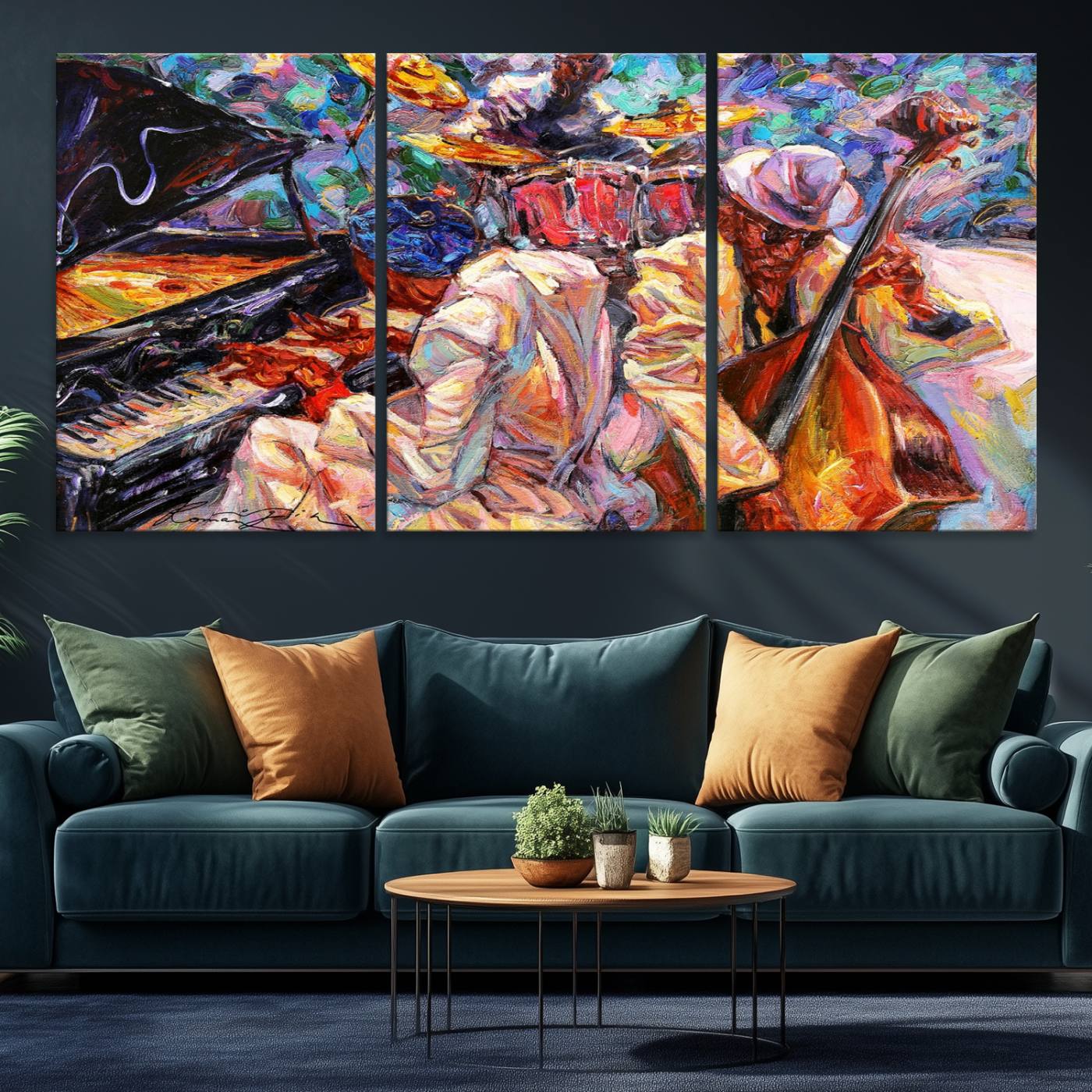 38412-MGV-CV-36X24-Jazz Trio Art Canvas Print - Colorful Abstract Musician Triptych - Vibrant Artistic Decor for Living