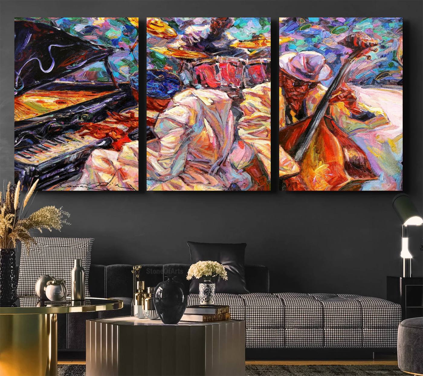 38412-MGV-CV-36X24-Jazz Trio Art Canvas Print - Colorful Abstract Musician Triptych - Vibrant Artistic Decor for Living