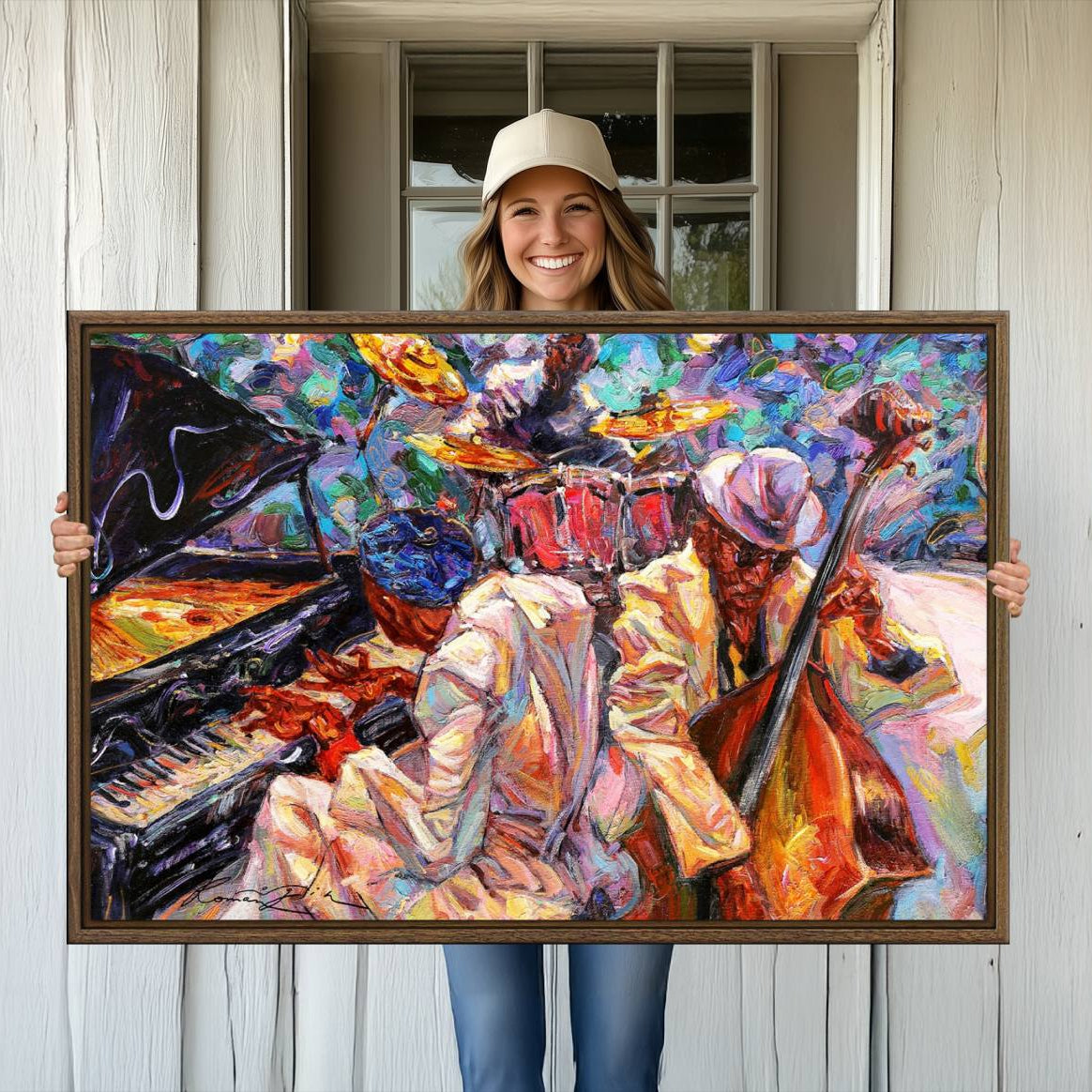 38412-MGV-CV-36X24-Jazz Trio Art Canvas Print - Colorful Abstract Musician Triptych - Vibrant Artistic Decor for Living