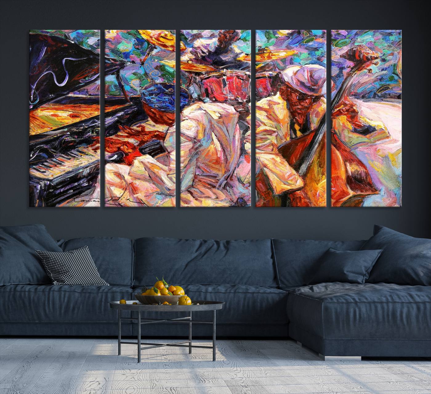 38412-MGV-CV-36X24-Jazz Trio Art Canvas Print - Colorful Abstract Musician Triptych - Vibrant Artistic Decor for Living