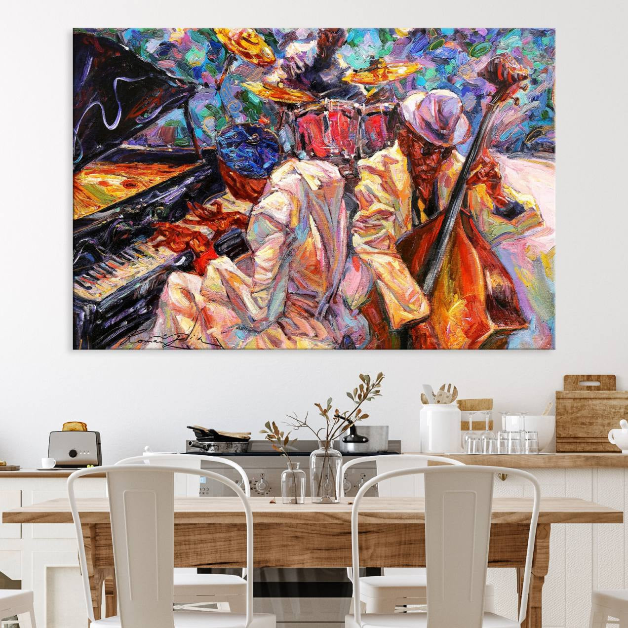 38412-MGV-CV-36X24-Jazz Trio Art Canvas Print - Colorful Abstract Musician Triptych - Vibrant Artistic Decor for Living