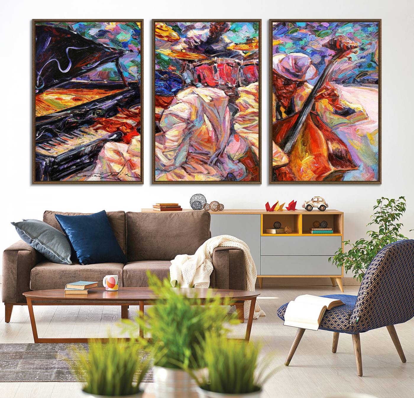 38412-MGV-CV-36X24-Jazz Trio Art Canvas Print - Colorful Abstract Musician Triptych - Vibrant Artistic Decor for Living