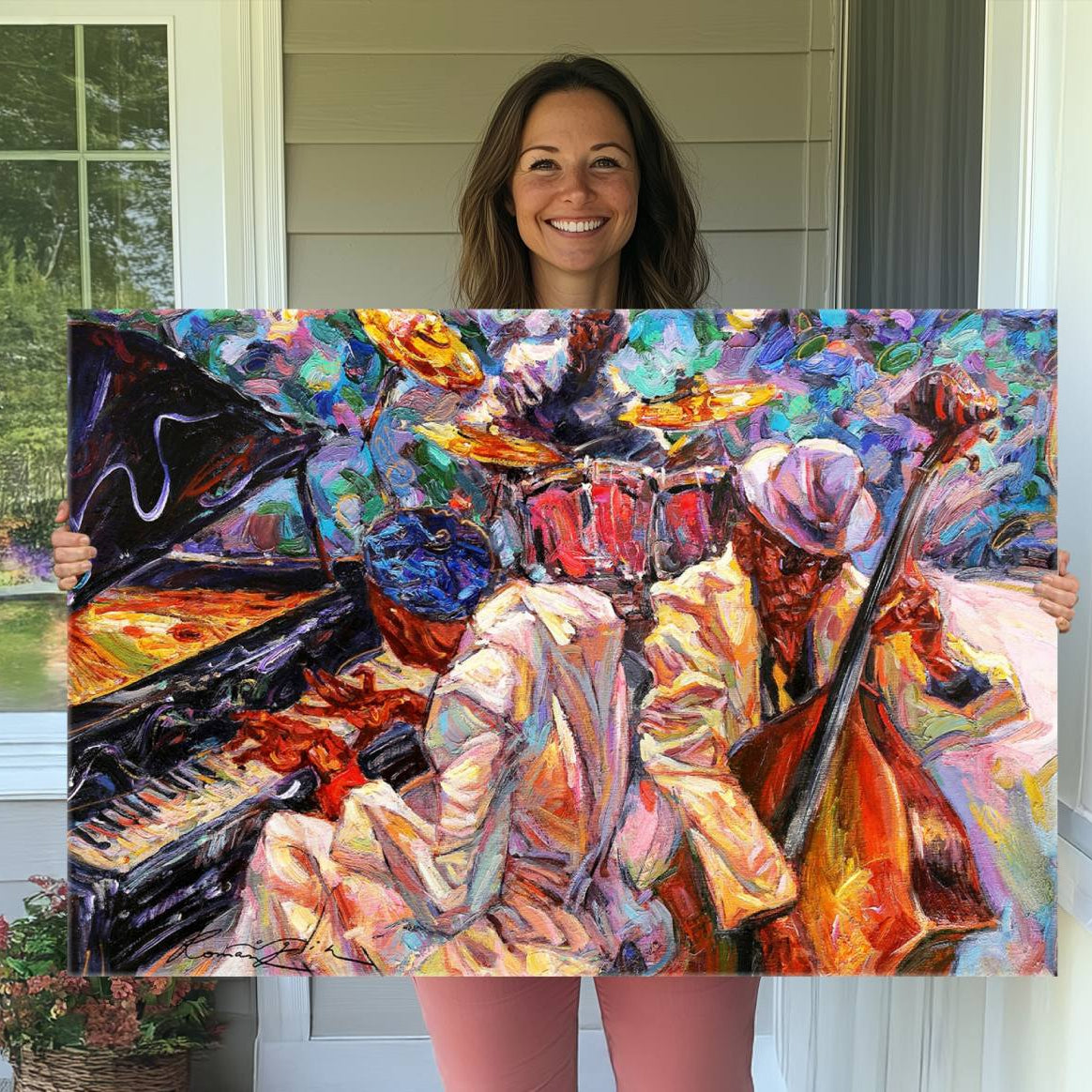 38412-MGV-CV-36X24-Jazz Trio Art Canvas Print - Colorful Abstract Musician Triptych - Vibrant Artistic Decor for Living