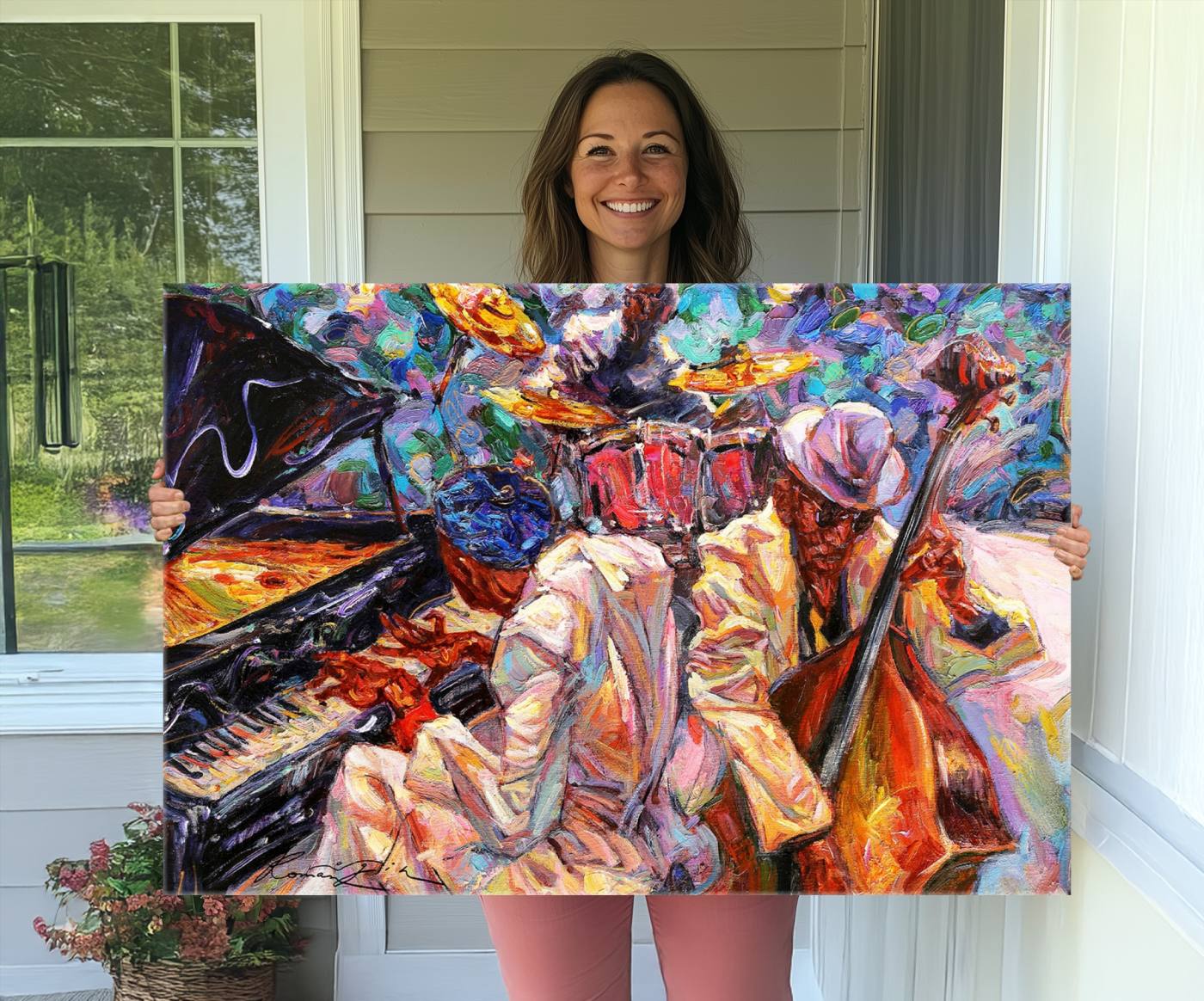 38412-MGV-CV-36X24-Jazz Trio Art Canvas Print - Colorful Abstract Musician Triptych - Vibrant Artistic Decor for Living