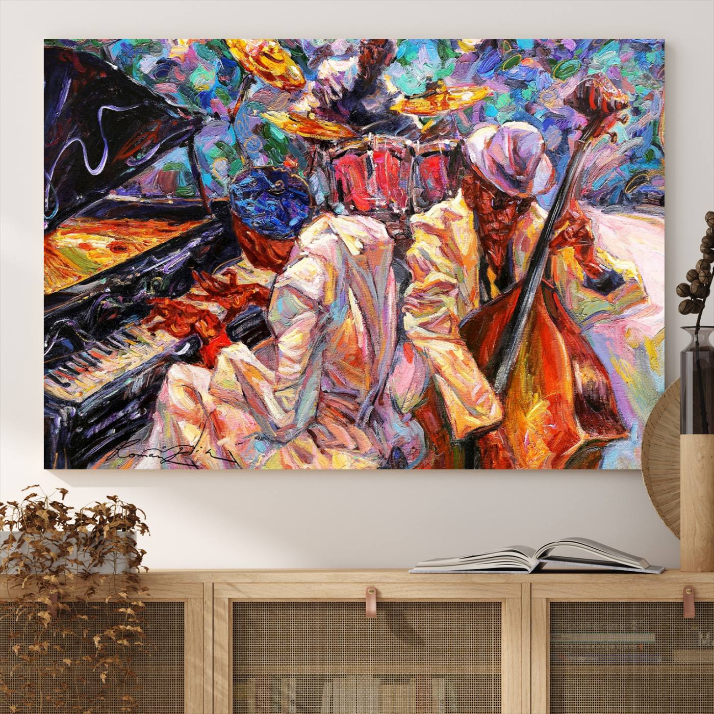 38412-MGV-CV-36X24-Jazz Trio Art Canvas Print - Colorful Abstract Musician Triptych - Vibrant Artistic Decor for Living