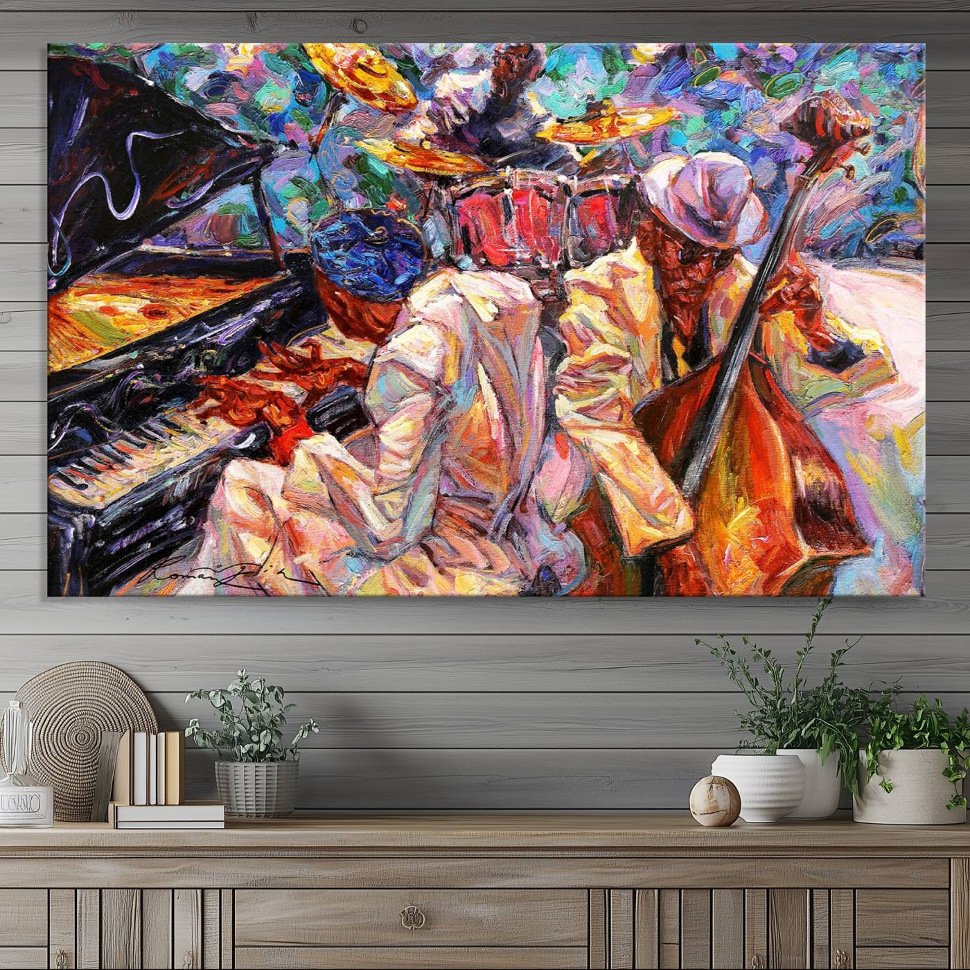 38412-MGV-CV-36X24-Jazz Trio Art Canvas Print - Colorful Abstract Musician Triptych - Vibrant Artistic Decor for Living