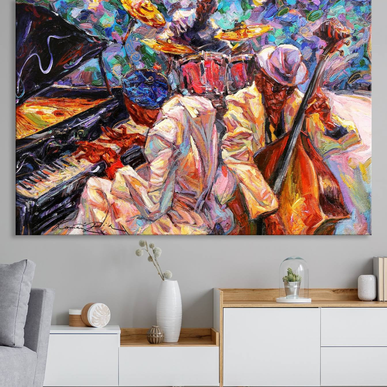 38412-MGV-CV-36X24-Jazz Trio Art Canvas Print - Colorful Abstract Musician Triptych - Vibrant Artistic Decor for Living