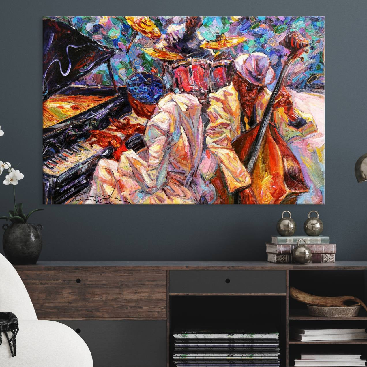 38412-MGV-CV-36X24-Jazz Trio Art Canvas Print - Colorful Abstract Musician Triptych - Vibrant Artistic Decor for Living