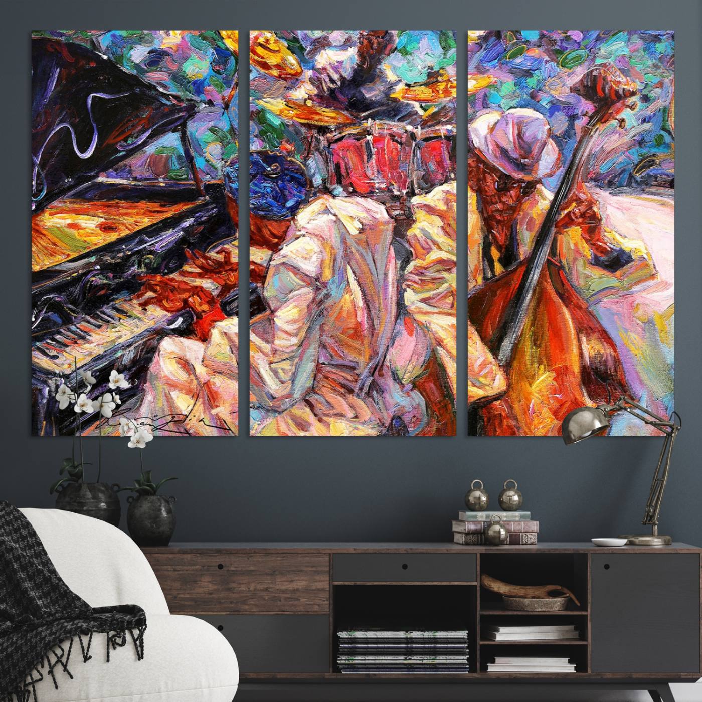 38412-MGV-CV-48X32-3P-Jazz Trio Art Canvas Print - Colorful Abstract Musician Triptych - Vibrant Artistic Decor for Living