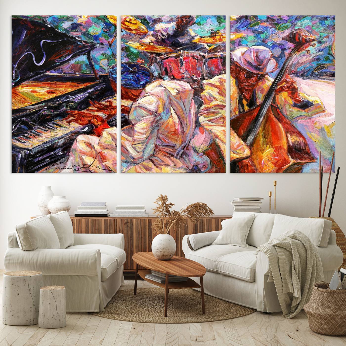 38412-MGV-CV-60X30-3P-Jazz Trio Art Canvas Print - Colorful Abstract Musician Triptych - Vibrant Artistic Decor for Living