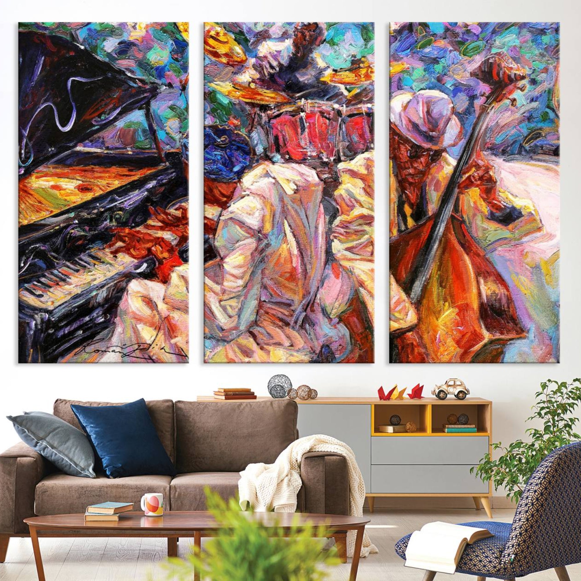 38412-MGV-CV-36X24-Jazz Trio Art Canvas Print - Colorful Abstract Musician Triptych - Vibrant Artistic Decor for Living