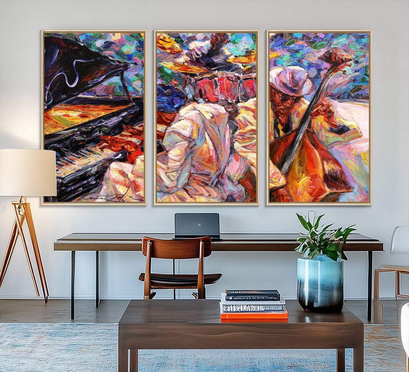 38412-MGV-FC-48X32-3P_Natural-Jazz Trio Art Canvas Print - Colorful Abstract Musician Triptych - Vibrant Artistic Decor for Living
