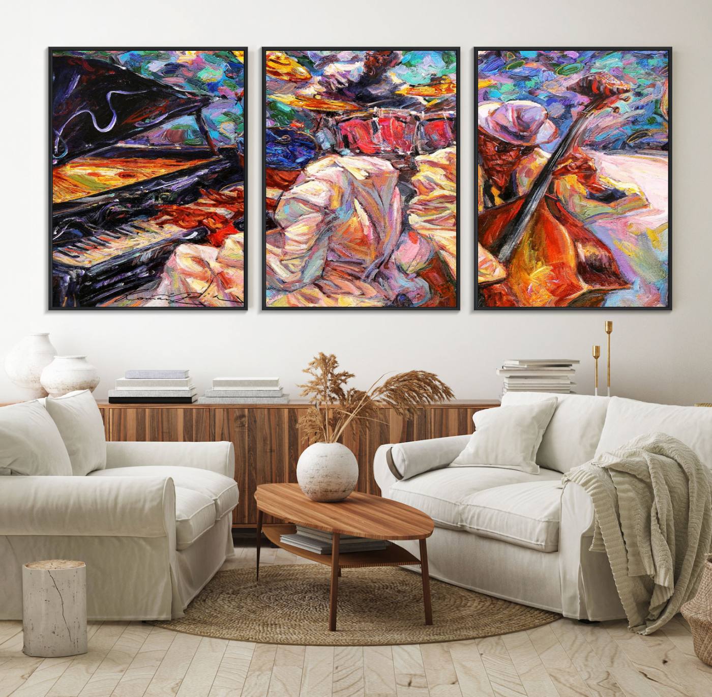 38412-MGV-FC-60X30-3P_Black-Jazz Trio Art Canvas Print - Colorful Abstract Musician Triptych - Vibrant Artistic Decor for Living