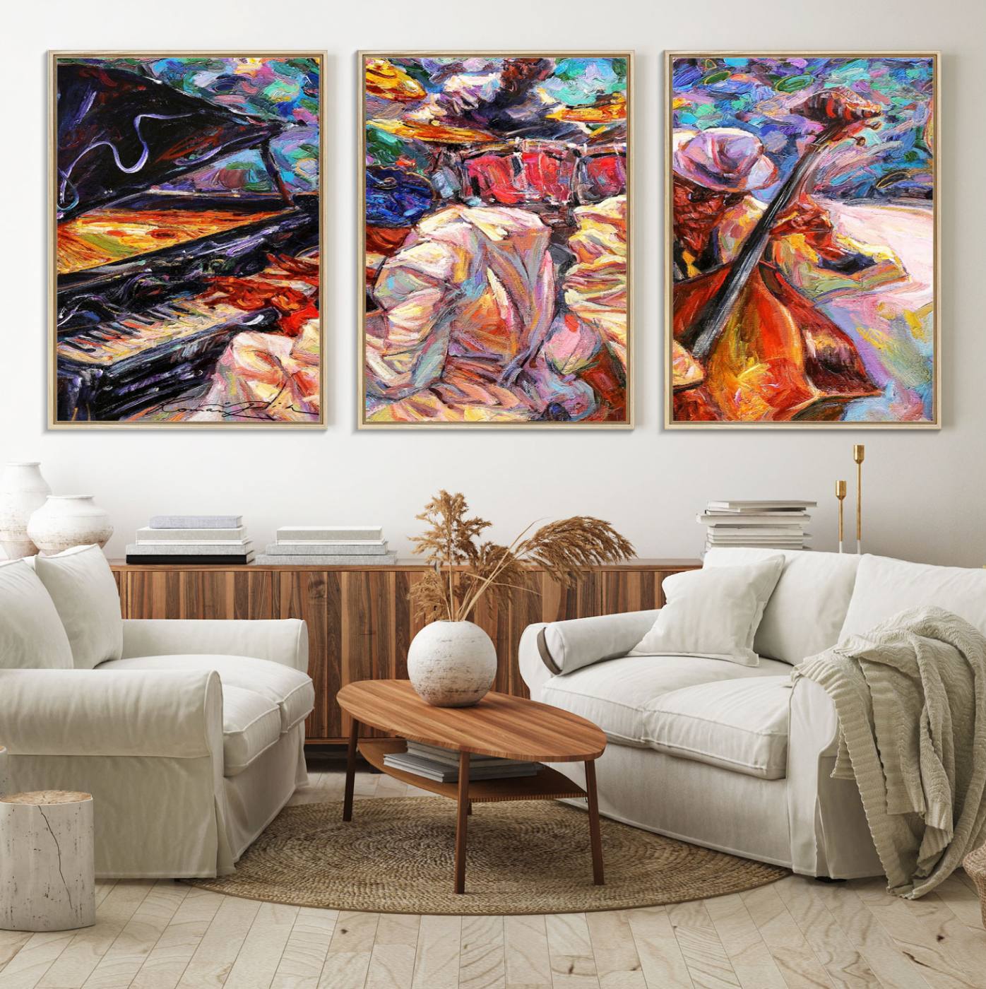 38412-MGV-FC-60X30-3P_Natural-Jazz Trio Art Canvas Print - Colorful Abstract Musician Triptych - Vibrant Artistic Decor for Living