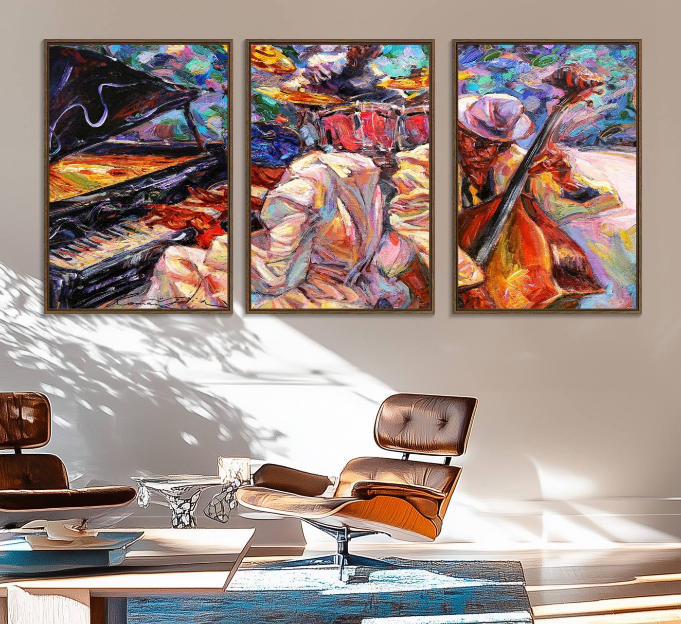 38412-MGV-FC-60X30-3P_Walnut-Jazz Trio Art Canvas Print - Colorful Abstract Musician Triptych - Vibrant Artistic Decor for Living
