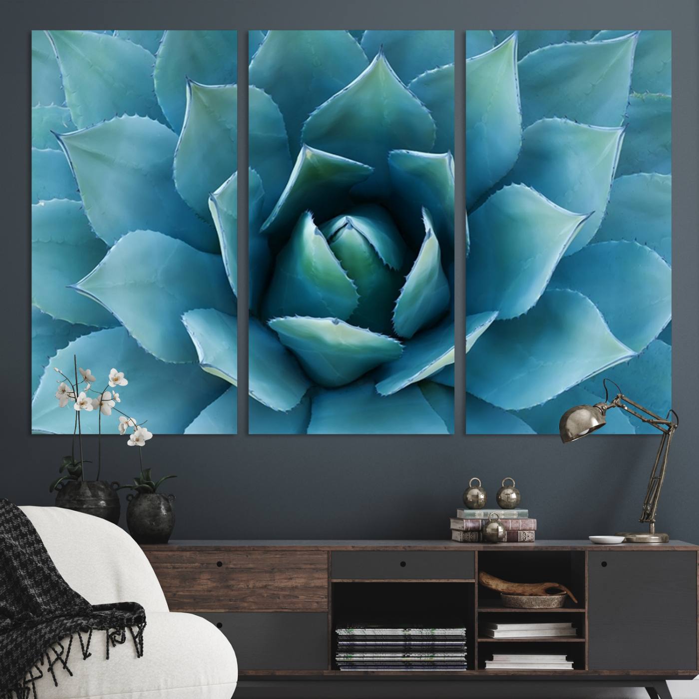 51723-MGV-CV-48X32-3P-Large Agave Succulent Canvas Wall Art | Botanical Close-Up Print for Modern Living Room, Office, and