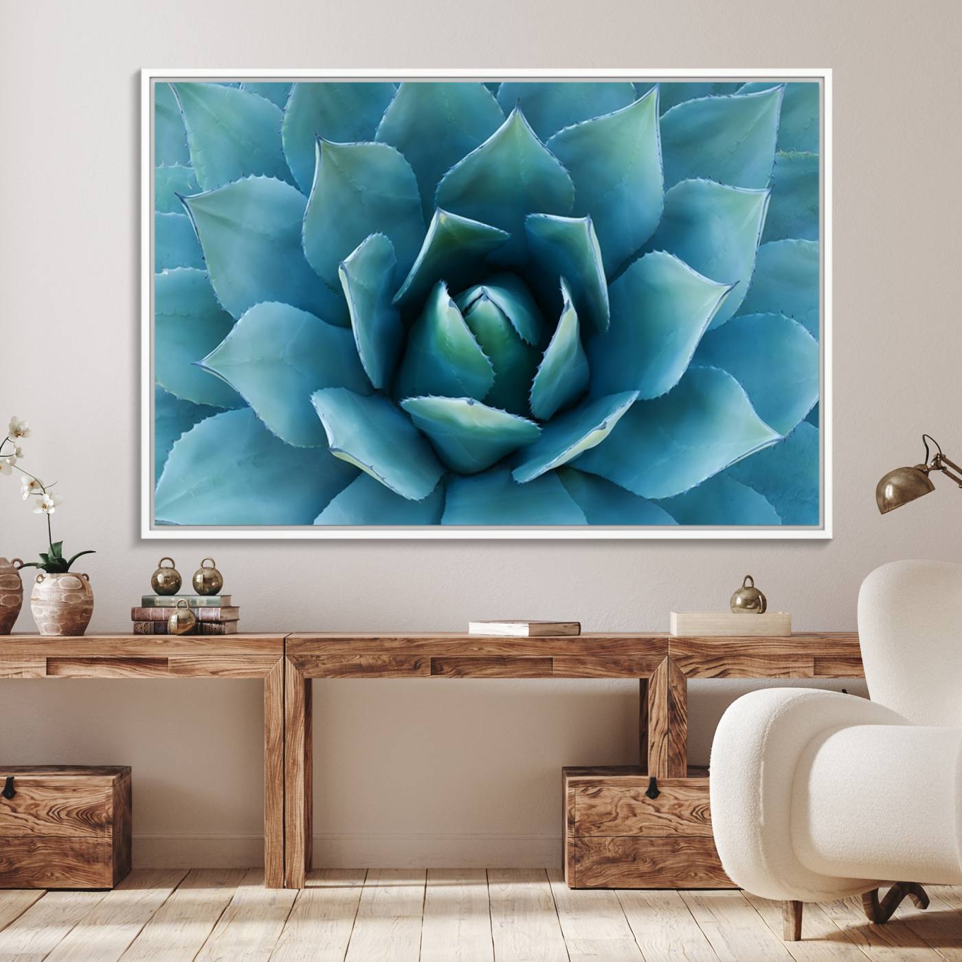 51723-MGV-FC-36X24_White-Large Agave Succulent Canvas Wall Art | Botanical Close-Up Print for Modern Living Room, Office, and