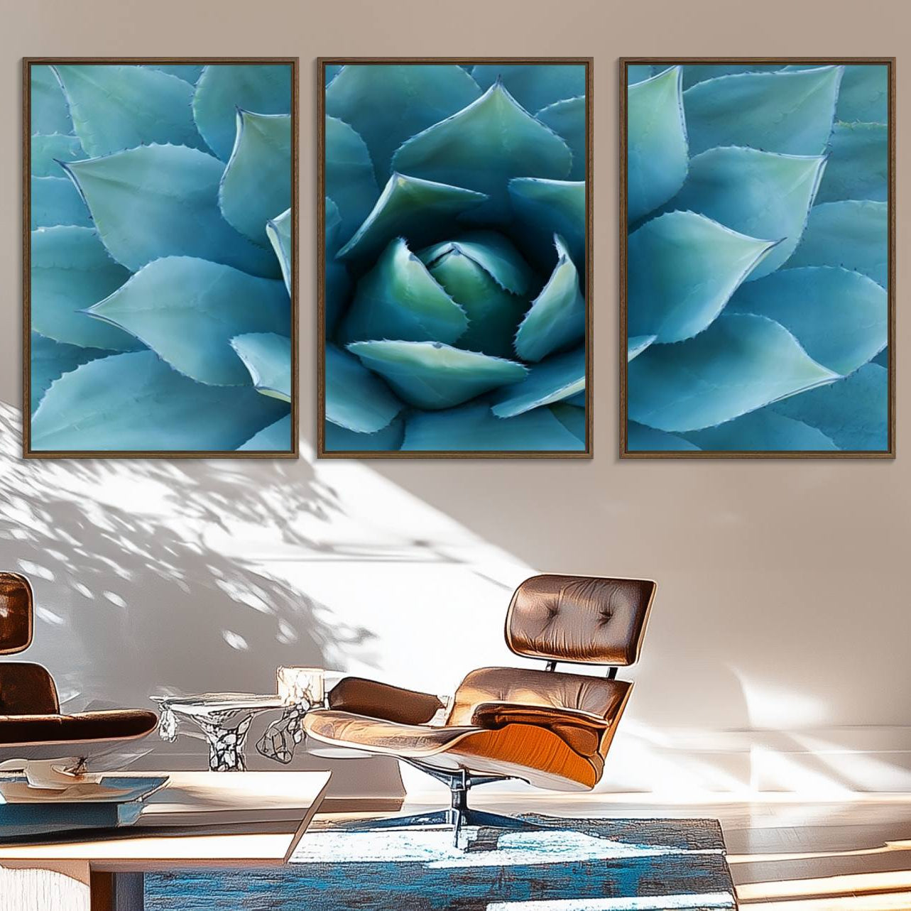 51723-MGV-FC-60X30-3P_Walnut-Large Agave Succulent Canvas Wall Art | Botanical Close-Up Print for Modern Living Room, Office, and