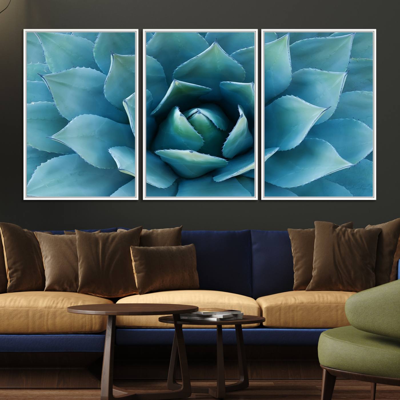 51723-MGV-FC-60X30-3P_White-Large Agave Succulent Canvas Wall Art | Botanical Close-Up Print for Modern Living Room, Office, and