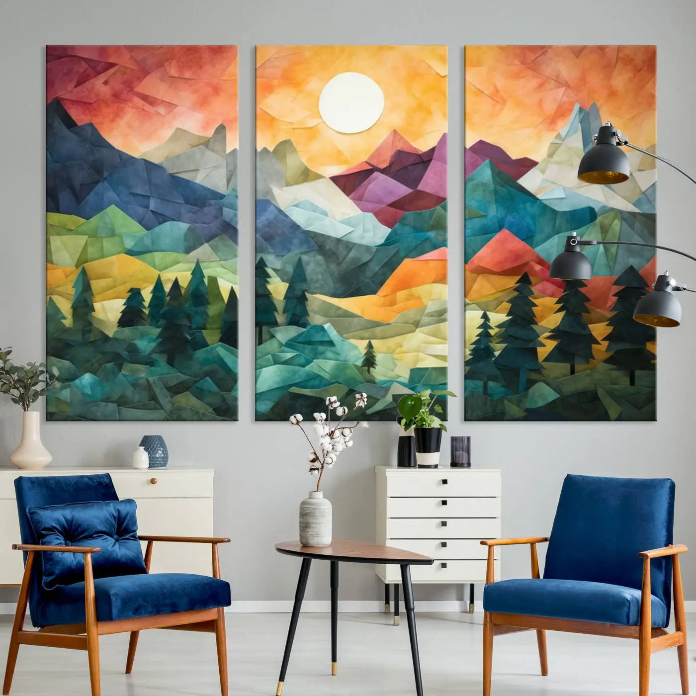 90654-MGV-CV-36X24-Large Colorful Abstract Mountain Landscape Canvas Wall Art - Geometric Nature Artwork - Vibrant