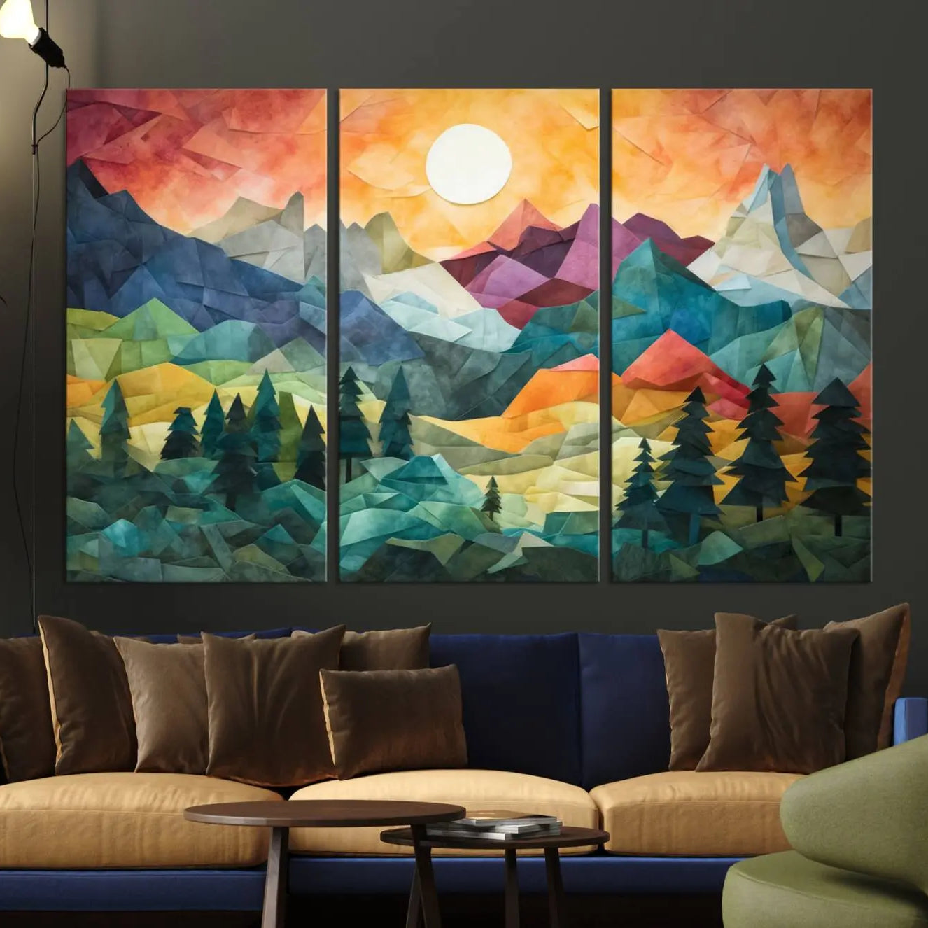 90654-MGV-CV-36X24-Large Colorful Abstract Mountain Landscape Canvas Wall Art - Geometric Nature Artwork - Vibrant