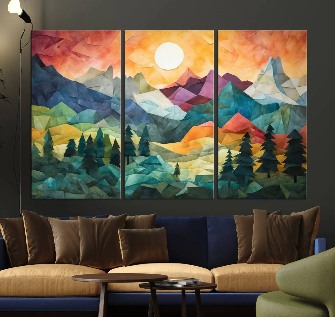 90654-MGV-CV-36X24-Large Colorful Abstract Mountain Landscape Canvas Wall Art - Geometric Nature Artwork - Vibrant