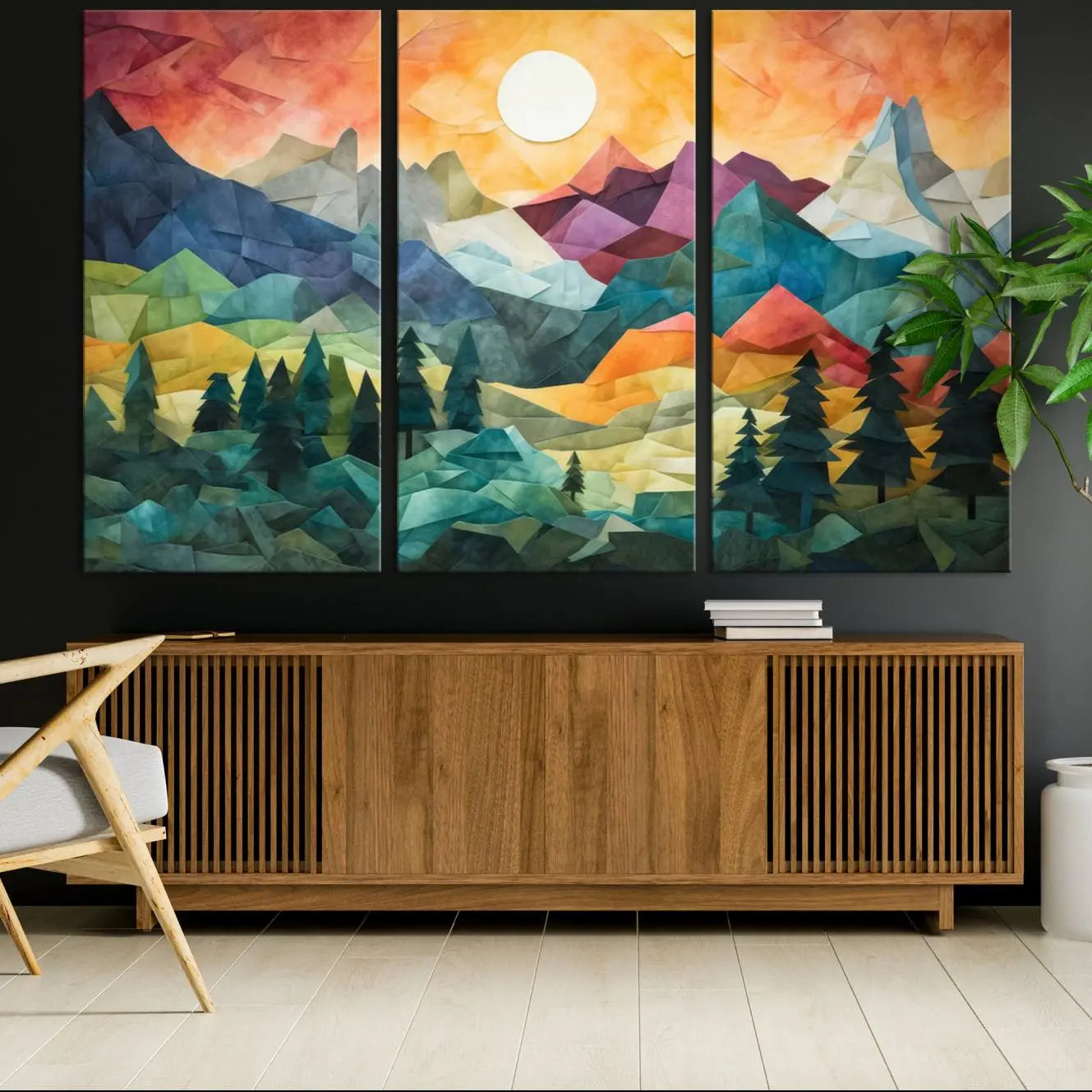 90654-MGV-CV-36X24-Large Colorful Abstract Mountain Landscape Canvas Wall Art - Geometric Nature Artwork - Vibrant