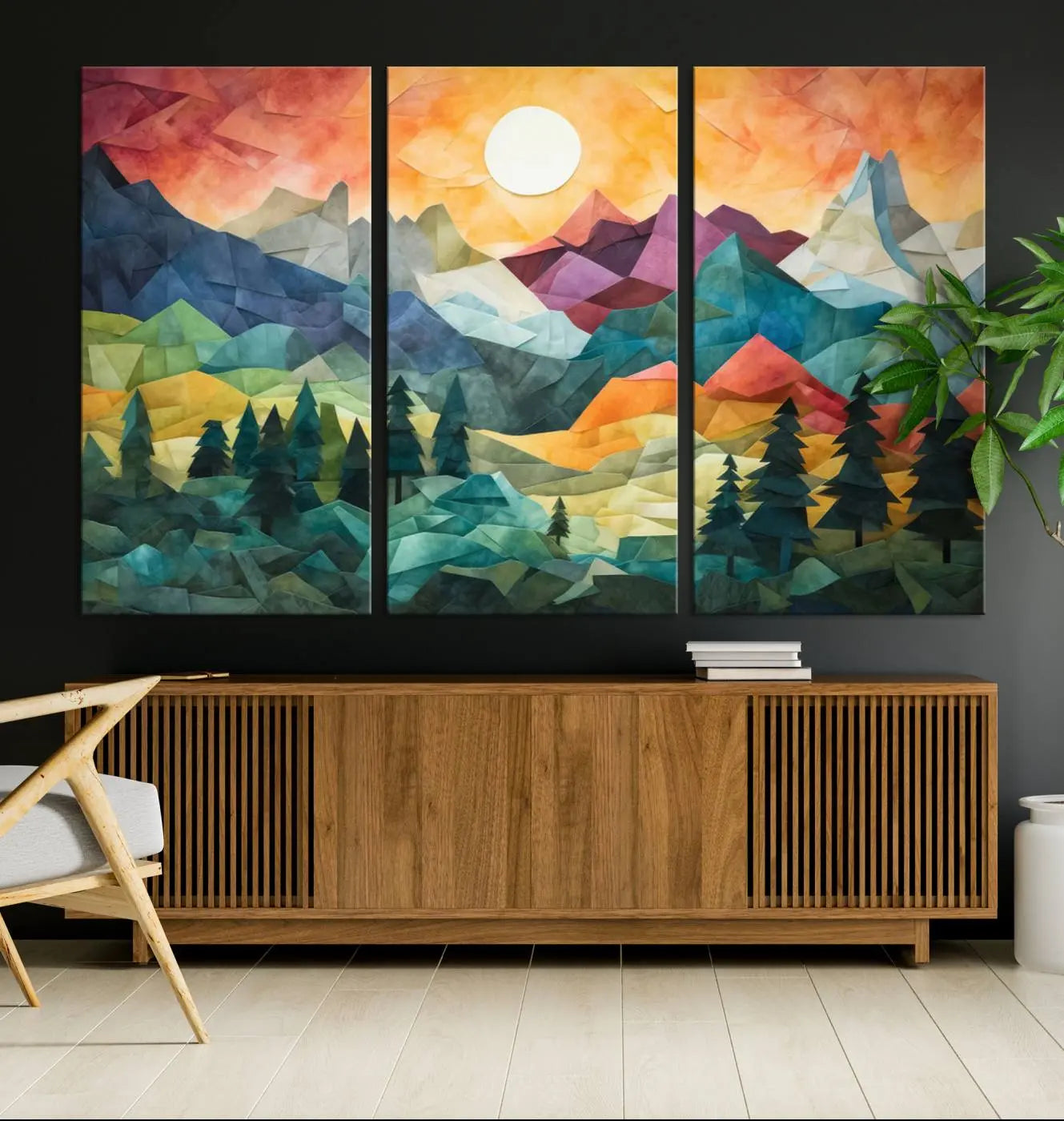 90654-MGV-CV-36X24-Large Colorful Abstract Mountain Landscape Canvas Wall Art - Geometric Nature Artwork - Vibrant