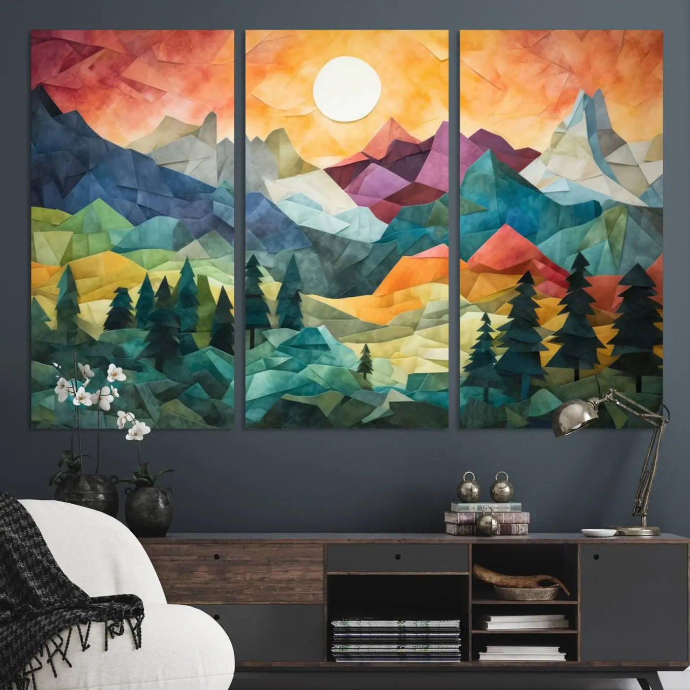 90654-MGV-CV-36X24-Large Colorful Abstract Mountain Landscape Canvas Wall Art - Geometric Nature Artwork - Vibrant