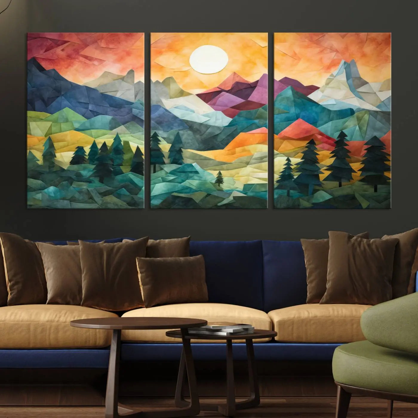 90654-MGV-CV-36X24-Large Colorful Abstract Mountain Landscape Canvas Wall Art - Geometric Nature Artwork - Vibrant