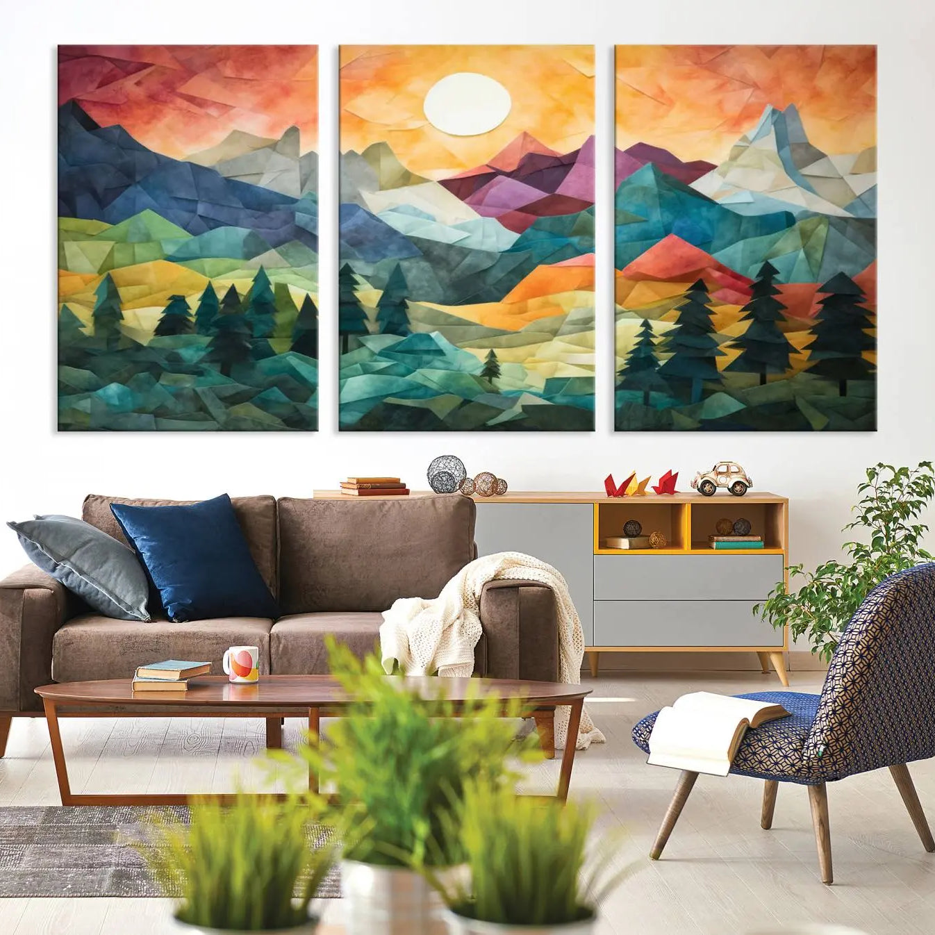 90654-MGV-CV-36X24-Large Colorful Abstract Mountain Landscape Canvas Wall Art - Geometric Nature Artwork - Vibrant