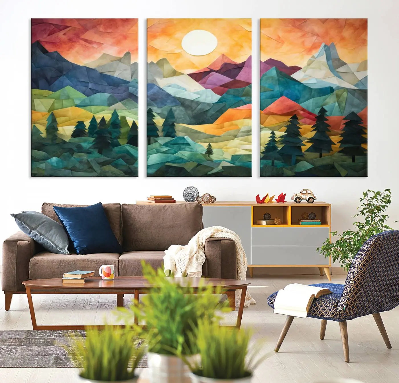 90654-MGV-CV-36X24-Large Colorful Abstract Mountain Landscape Canvas Wall Art - Geometric Nature Artwork - Vibrant
