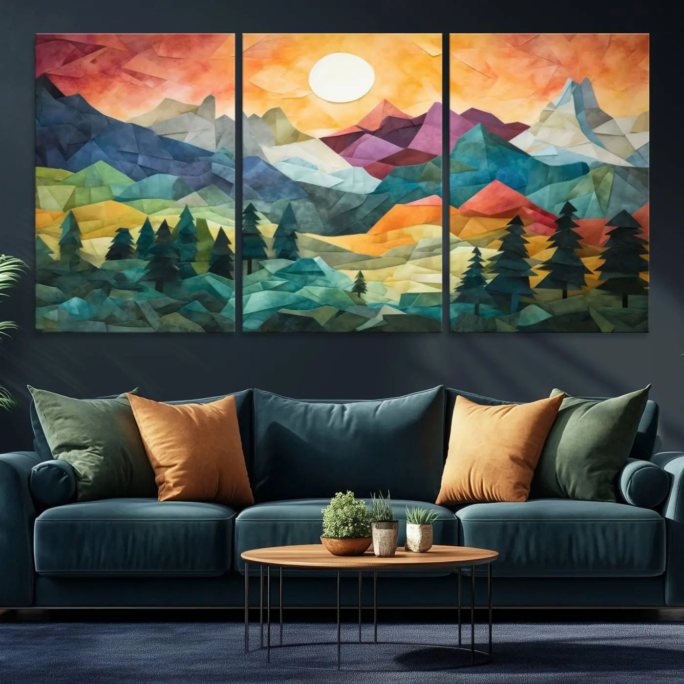 90654-MGV-CV-36X24-Large Colorful Abstract Mountain Landscape Canvas Wall Art - Geometric Nature Artwork - Vibrant