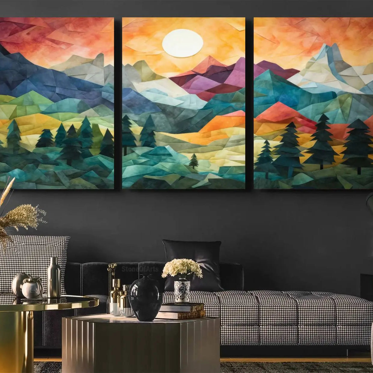 90654-MGV-CV-36X24-Large Colorful Abstract Mountain Landscape Canvas Wall Art - Geometric Nature Artwork - Vibrant