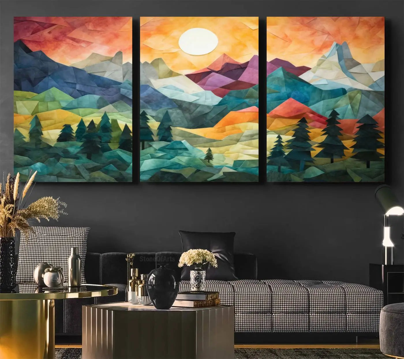 90654-MGV-CV-36X24-Large Colorful Abstract Mountain Landscape Canvas Wall Art - Geometric Nature Artwork - Vibrant