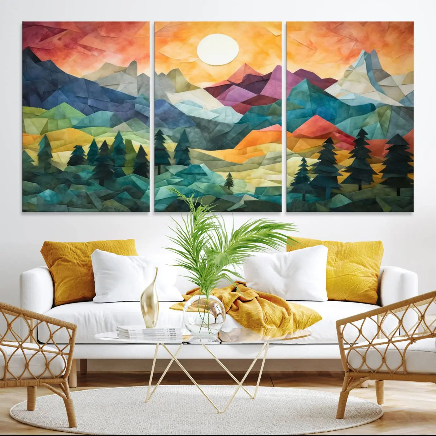 90654-MGV-CV-36X24-Large Colorful Abstract Mountain Landscape Canvas Wall Art - Geometric Nature Artwork - Vibrant