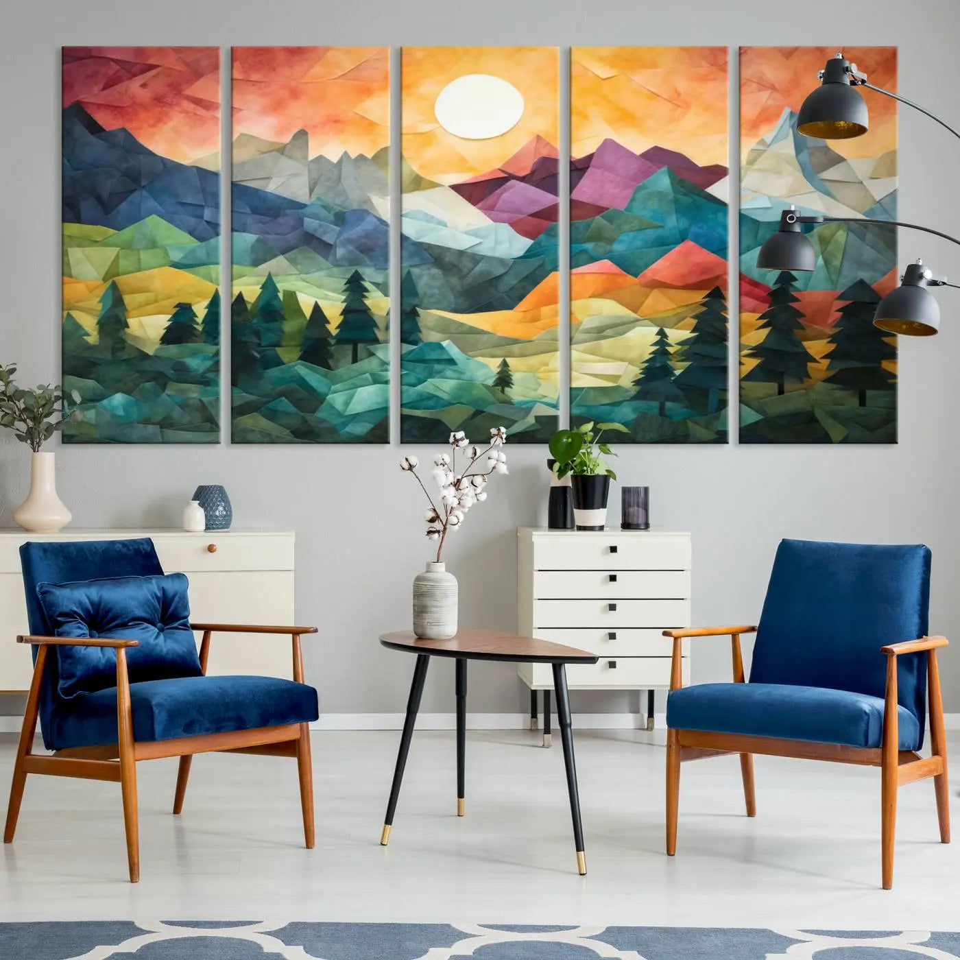 90654-MGV-CV-36X24-Large Colorful Abstract Mountain Landscape Canvas Wall Art - Geometric Nature Artwork - Vibrant