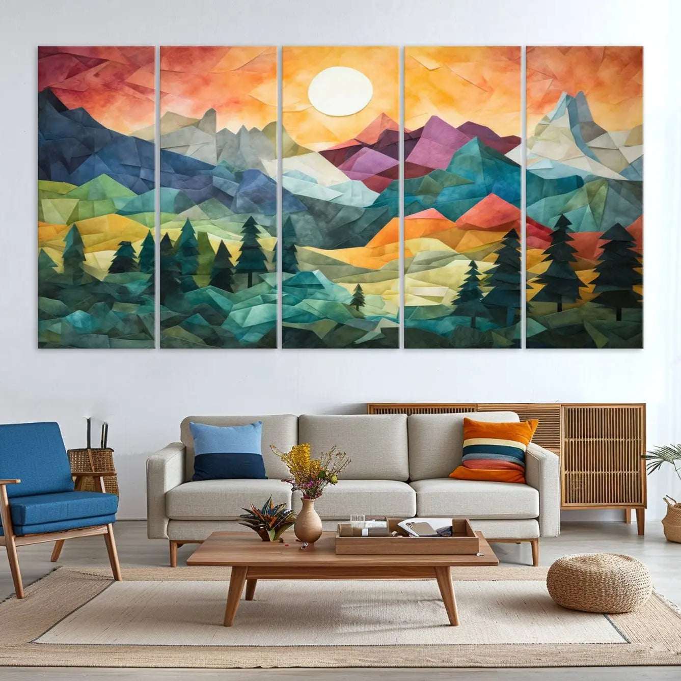 90654-MGV-CV-36X24-Large Colorful Abstract Mountain Landscape Canvas Wall Art - Geometric Nature Artwork - Vibrant