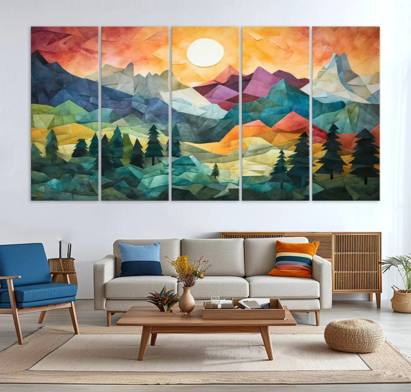 90654-MGV-CV-36X24-Large Colorful Abstract Mountain Landscape Canvas Wall Art - Geometric Nature Artwork - Vibrant
