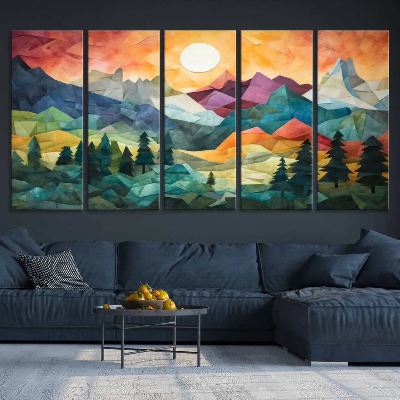 90654-MGV-CV-36X24-Large Colorful Abstract Mountain Landscape Canvas Wall Art - Geometric Nature Artwork - Vibrant