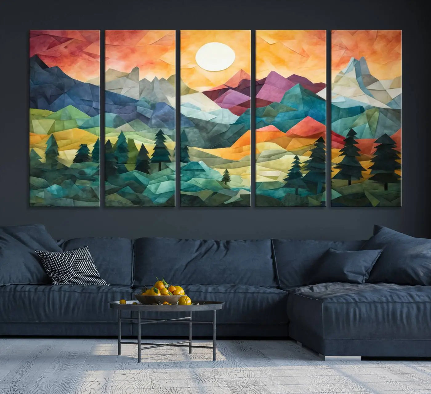90654-MGV-CV-36X24-Large Colorful Abstract Mountain Landscape Canvas Wall Art - Geometric Nature Artwork - Vibrant